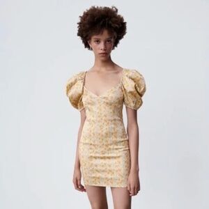 Zara Satin Effect Puff Sleeve Floral Mini Dress